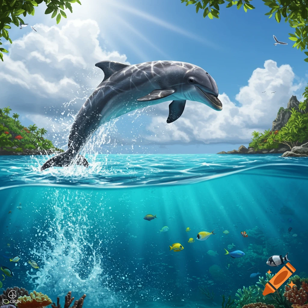 A photorealistic dolphin leaps from clear blue tropical water, showing both the sunny sky with islands and an underwater scene with fish and coral.