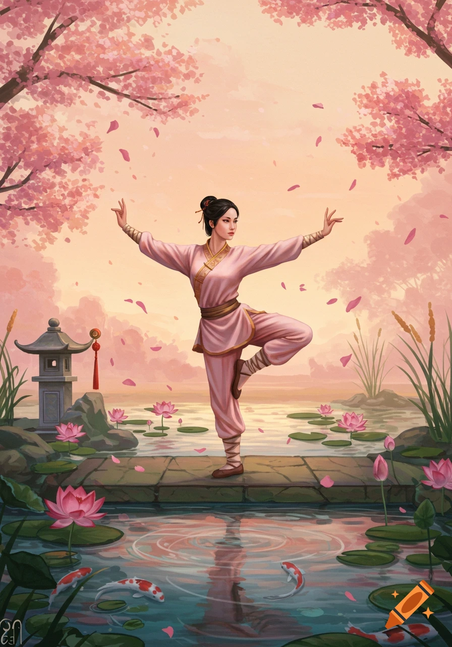 A woman in a pink martial arts outfit in a crane pose in a serene Asian garden with a lotus pond, koi fish, and cherry blossoms.