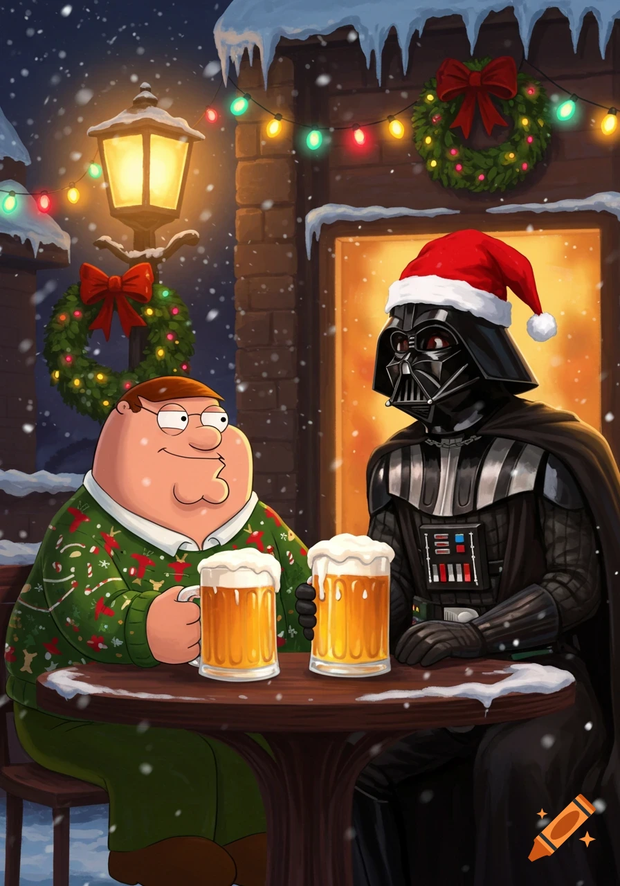 Peter Griffin in a Christmas sweater and Darth Vader in a Santa hat drink beers at a snowy outdoor table decorated with Christmas lights.
