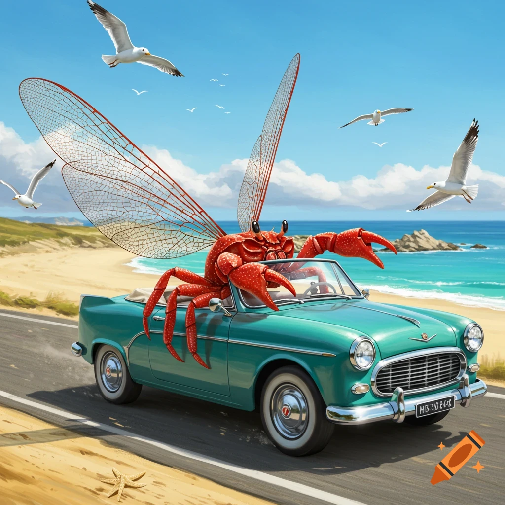 A red winged crab drives a classic teal convertible car on a road beside a sunny beach, with seagulls flying overhead.
