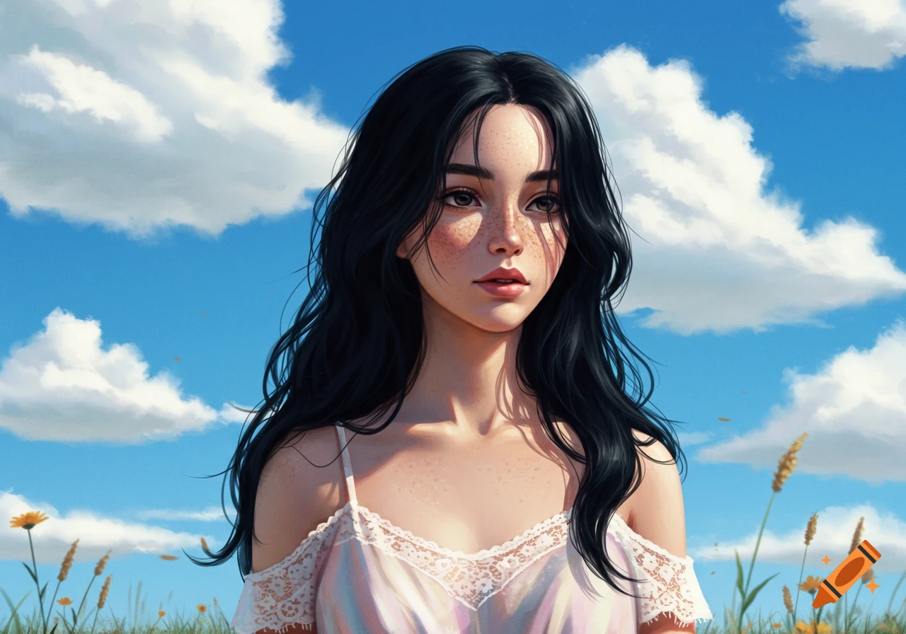 A digital art portrait of a young woman with dark hair and freckles against a bright blue sky with white clouds.