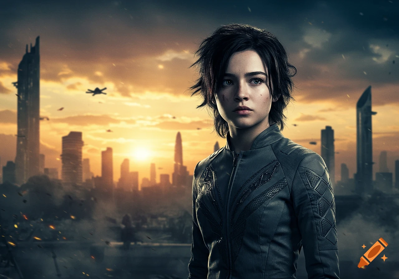 A young woman with short dark hair in a leather jacket stands against a futuristic city skyline at sunset.
