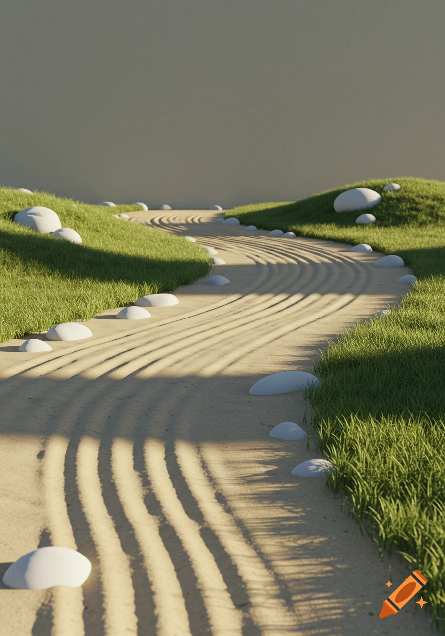 A minimalist zen garden with a winding sandy pathway, raked patterns, lush green grass, and smooth white rocks under soft sunlight.