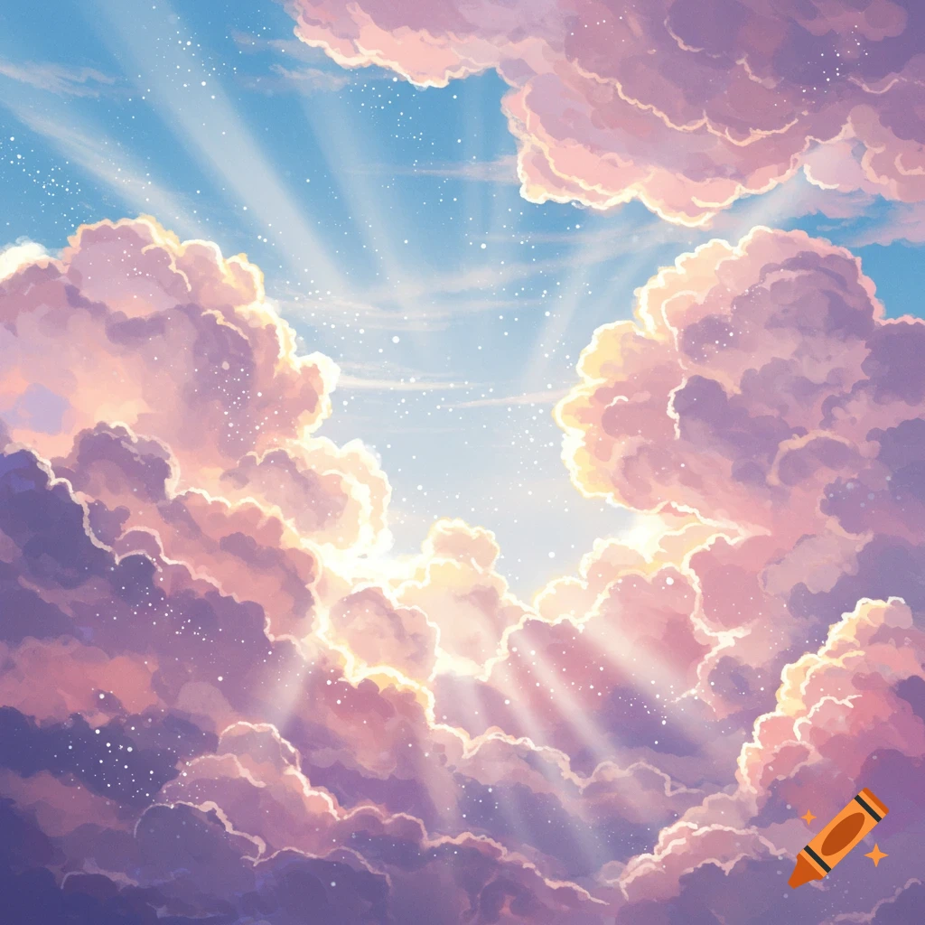 Stylized pink and purple clouds with sun rays and sparkling light against a blue sky.