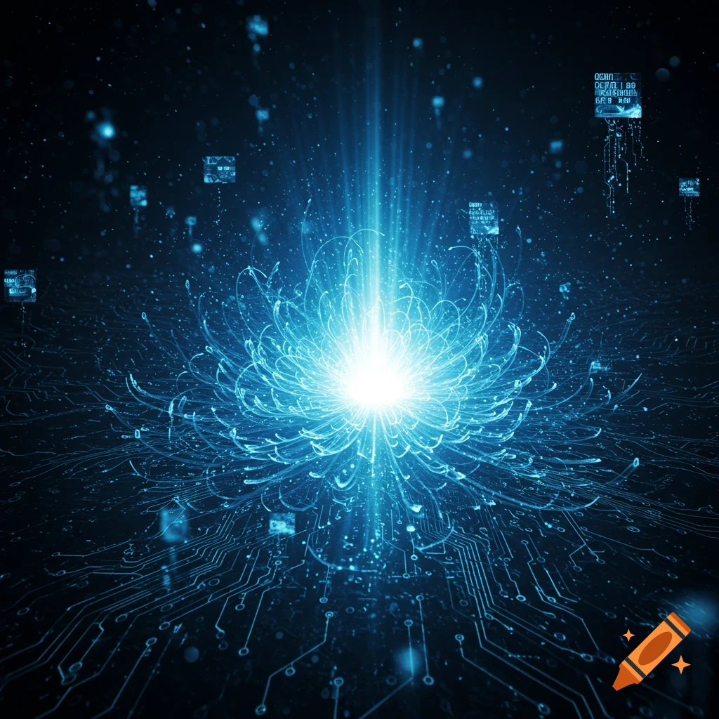 A glowing blue energy orb resembles a futuristic flower spreading light over a dark circuit board pattern with digital elements.