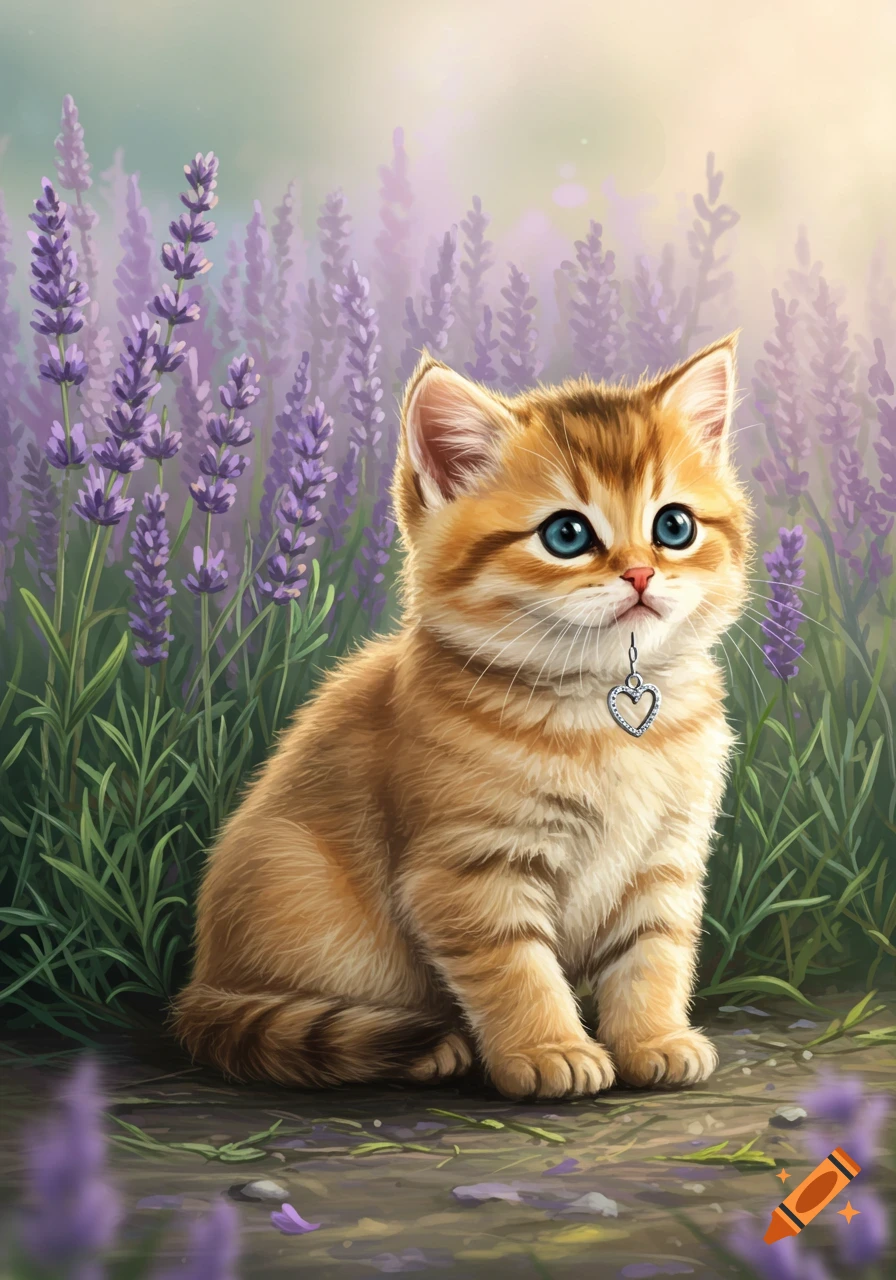 A cute ginger kitten with blue eyes and a heart charm sits in a field of purple lavender flowers.