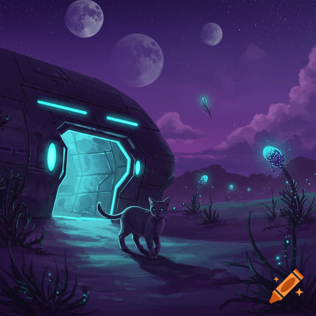 A gray cat walks from a glowing blue spacecraft on a purple alien planet under three moons.