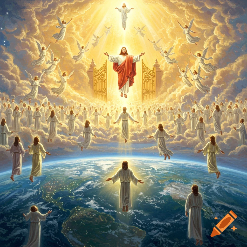 Cinematic oil painting of Jesus, angels, and countless people ascending from Earth through divine light to golden gates in a radiant heaven.