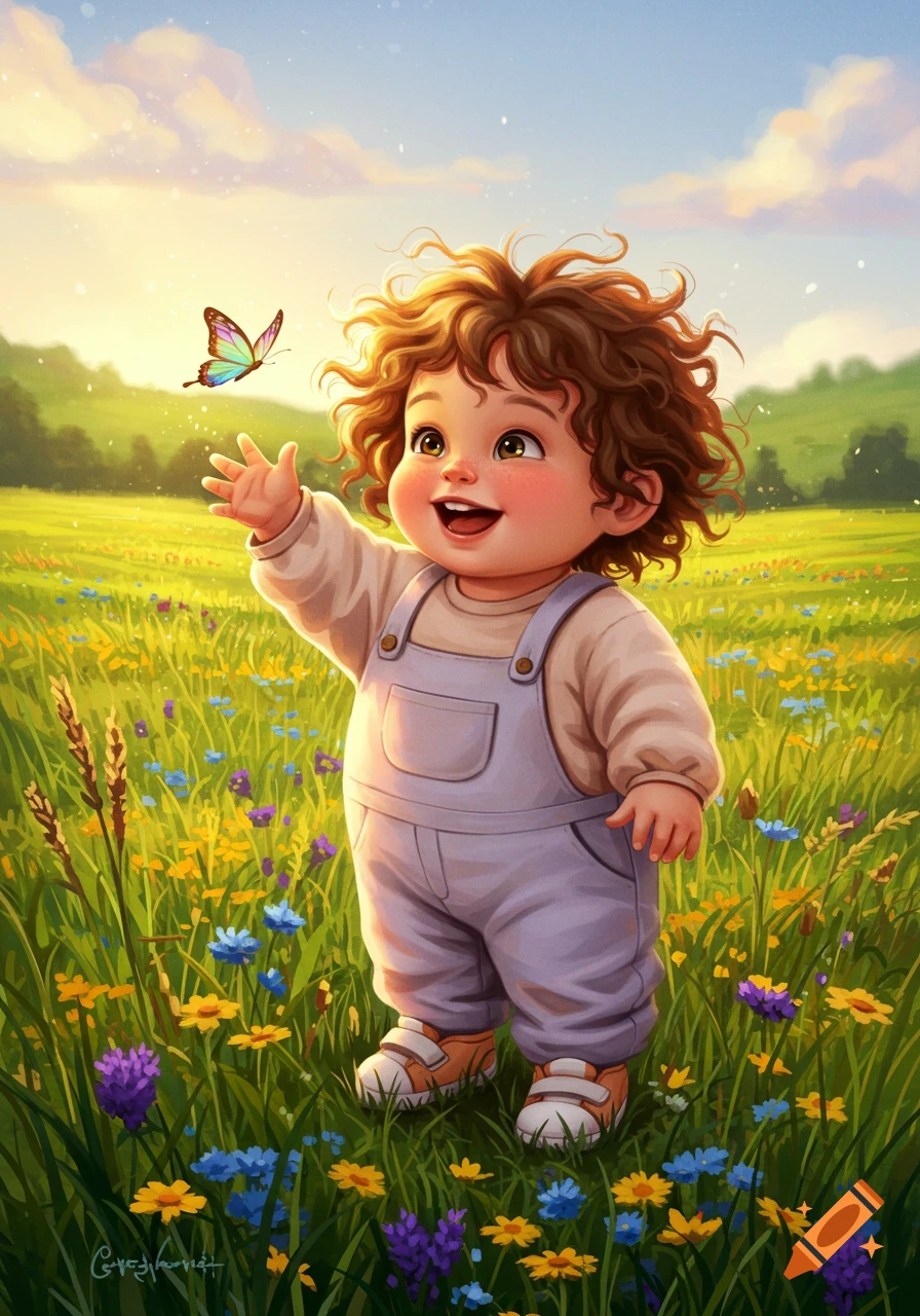A happy baby with curly brown hair in overalls reaches for a colorful butterfly in a sunny, flower-filled meadow, in a vibrant illustration style.