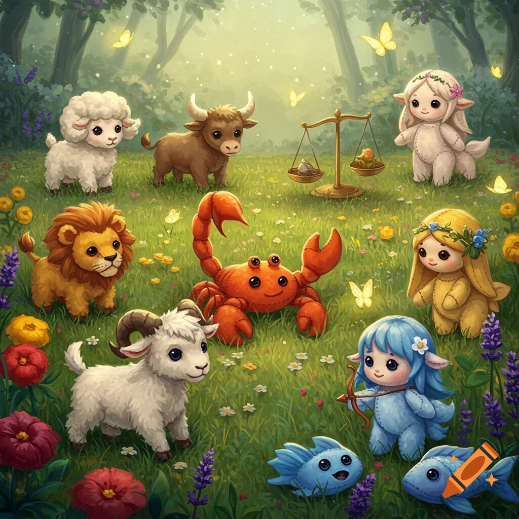 Cute, plush-toy-like zodiac characters including a sheep, bull, lion, and crab in a whimsical, sunlit forest clearing with flowers and butterflies.