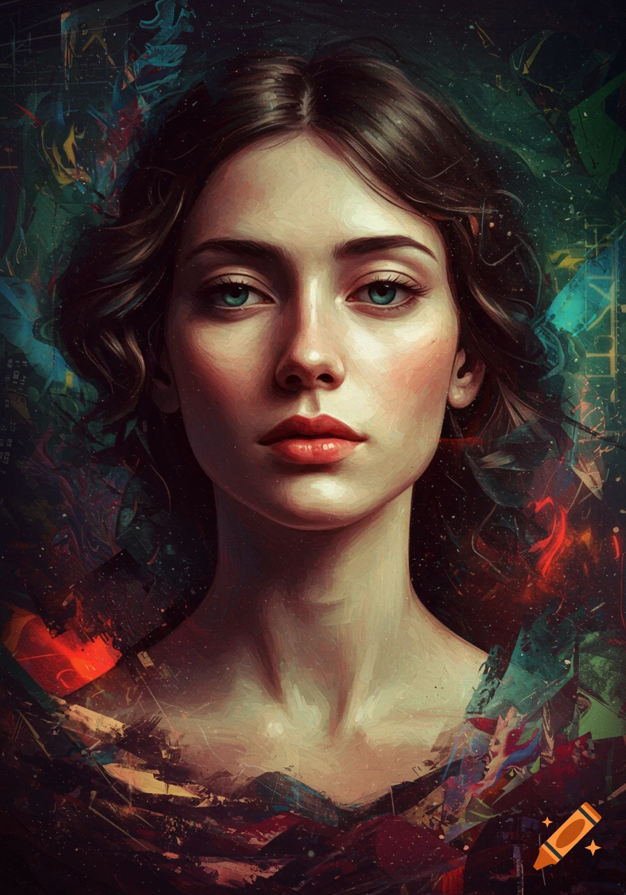 A painterly portrait of a woman with dark hair and blue eyes, against an expressive, colorful abstract background.