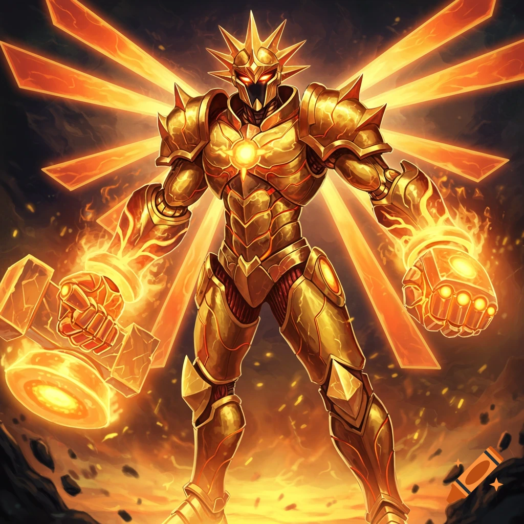 A powerful golden mech warrior with a spiky sun-crest helmet, fiery fists, and glowing armor stands in a fiery landscape.