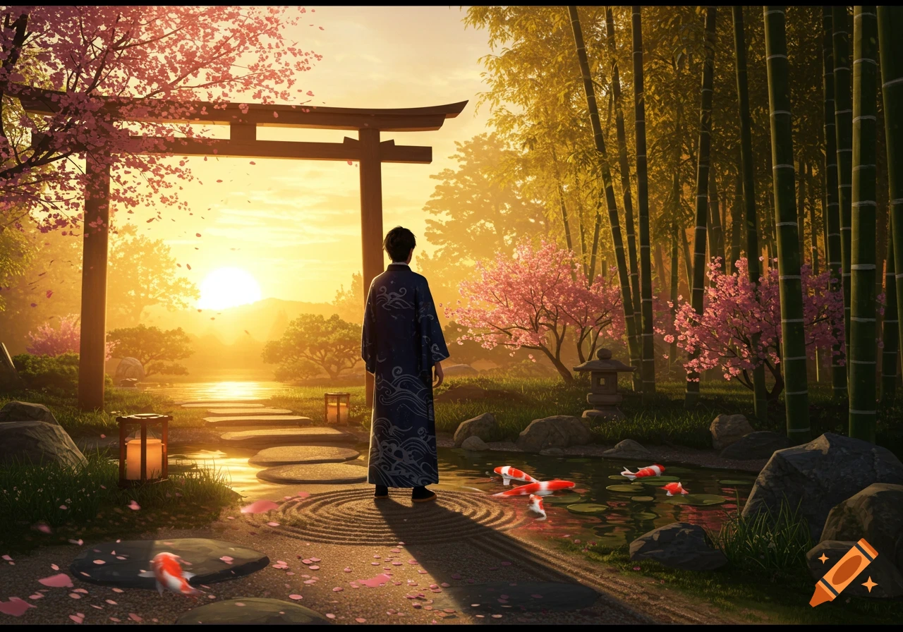 A person in a kimono stands facing a sunset over a serene Japanese garden with a torii gate, cherry blossoms, bamboo, and koi fish.