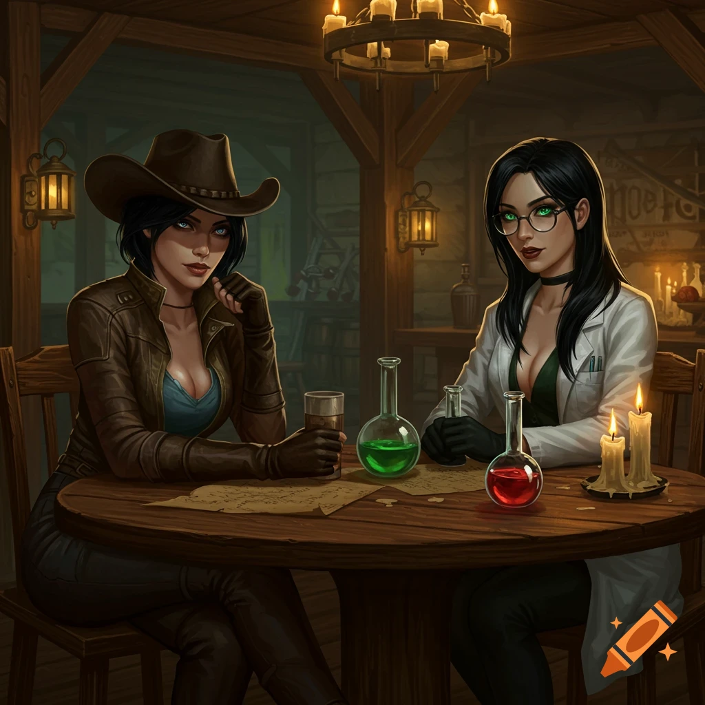 Two women, one in a cowboy hat and leather jacket, the other in a lab coat and glasses, sit at a candlelit wooden table with beakers in a tavern.