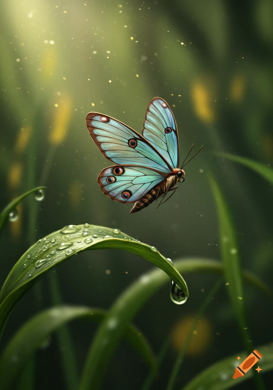 A vibrant blue-winged butterfly-moth hybrid hovers above a dewy green blade of grass, with a soft, sunlit green background.