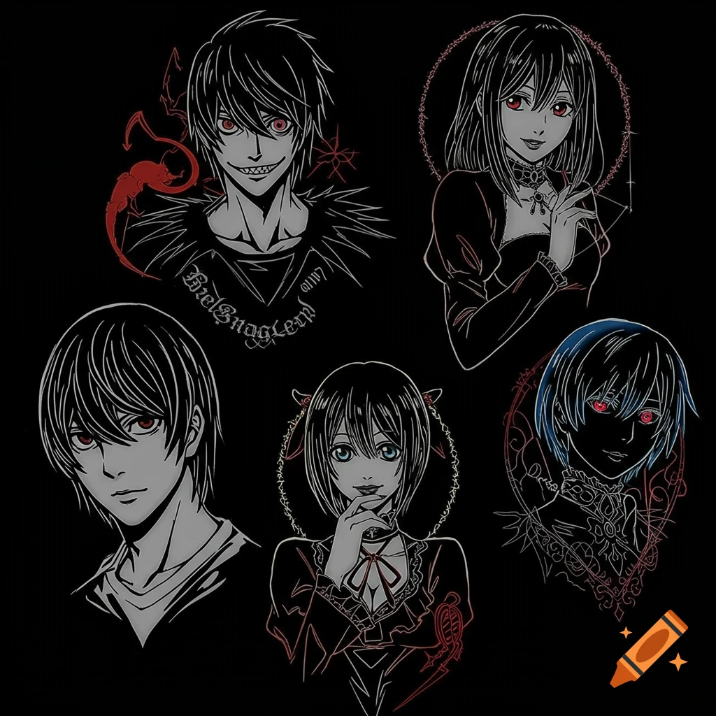 Five stylized anime character portraits in an outline tattoo art style on a black background, featuring characters with red eyes and red accents.