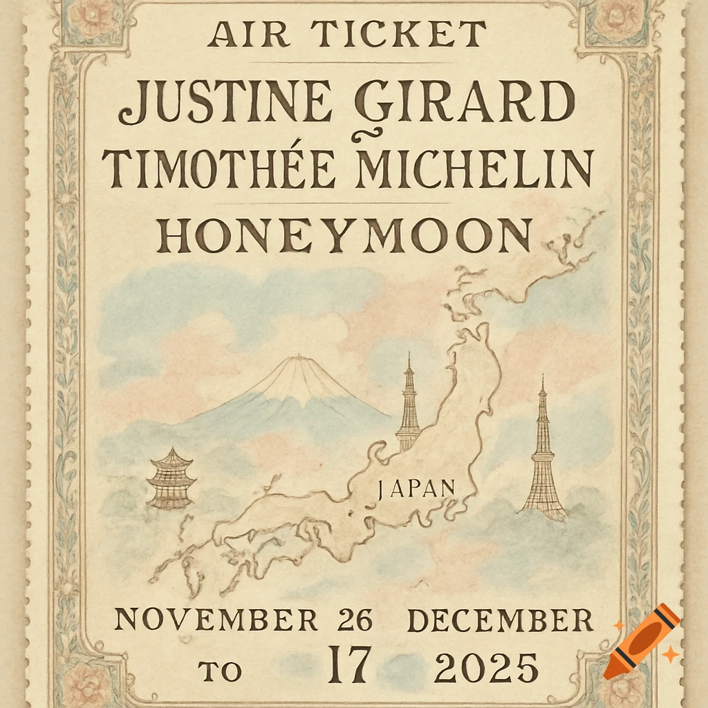 Vintage illustration of an air ticket for Justine Girard and Timoth é Michelin's honeymoon to Japan, showing a map with landmarks and travel dates.