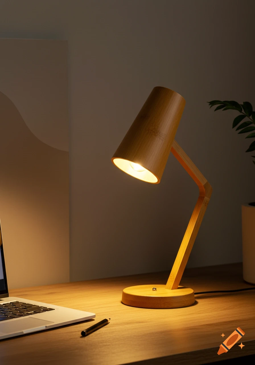A modern bamboo desk lamp with warm light illuminates a wooden desk with a laptop and pen. Photorealistic style.