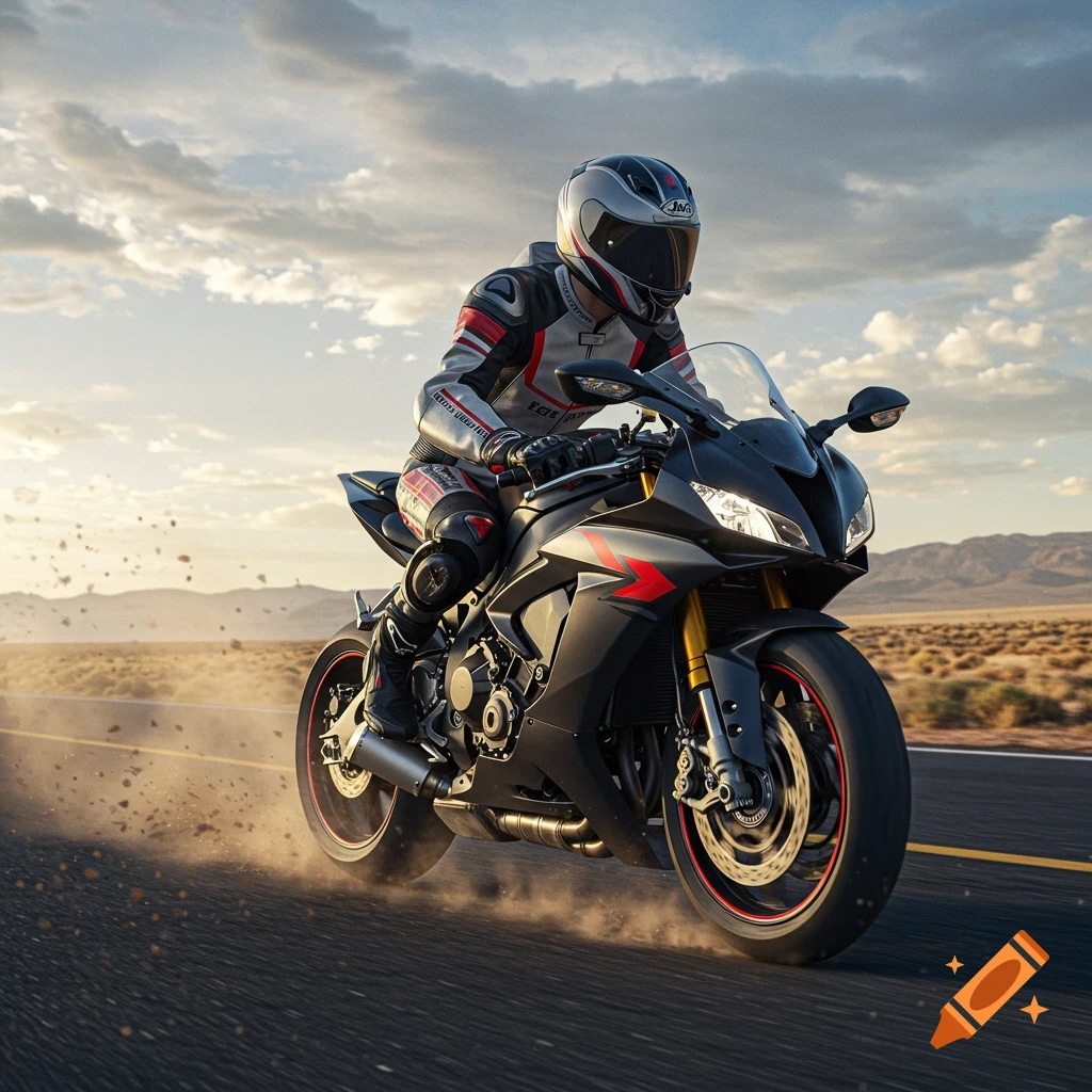 Photorealistic image of a person in a racing suit on a black sports motorcycle, kicking up dust on a desert road under a cloudy sky.