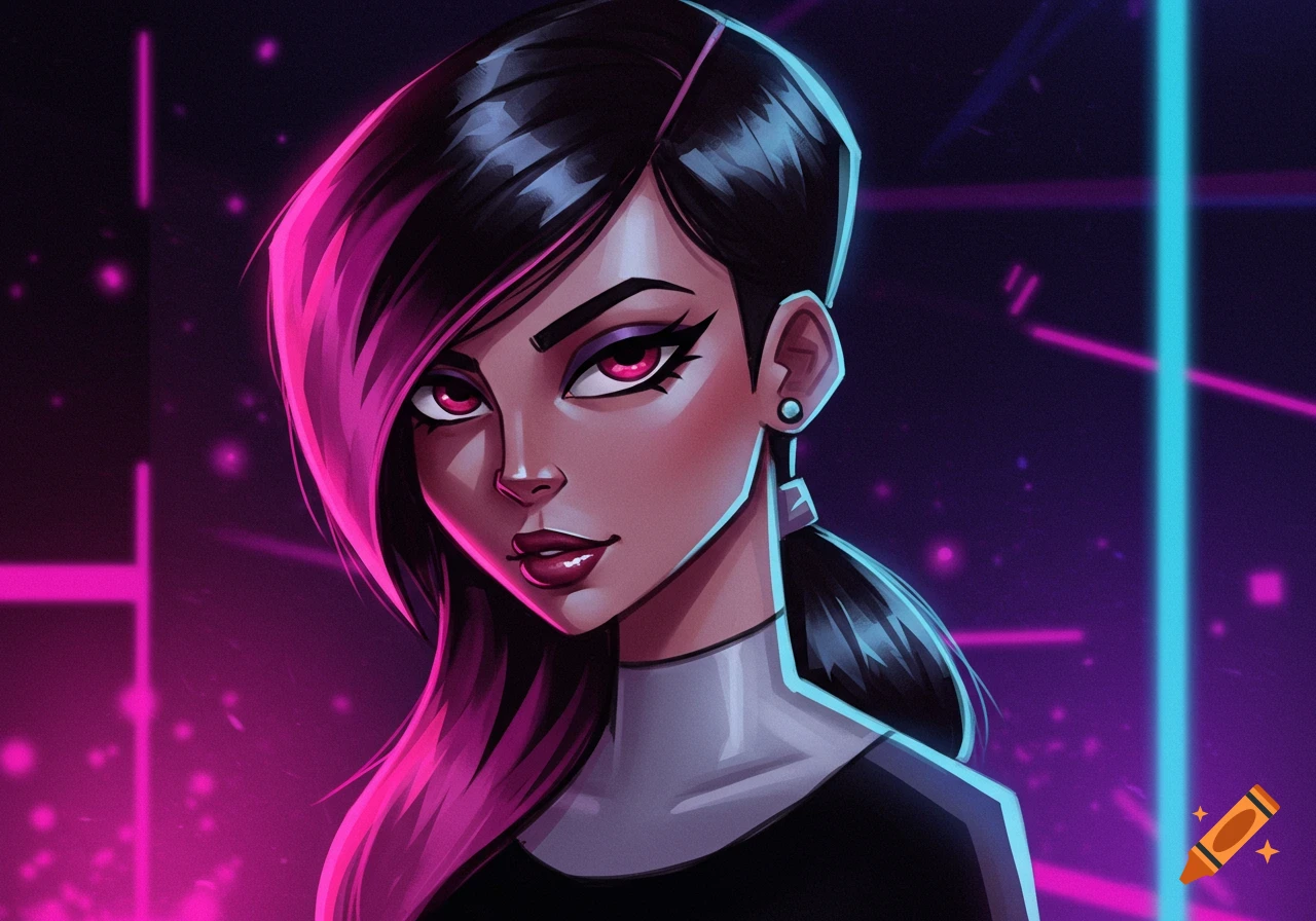 Stylized digital art portrait of a woman with dark hair, pink streaks, red eyes, and glossy lips, against a neon pink and blue background.