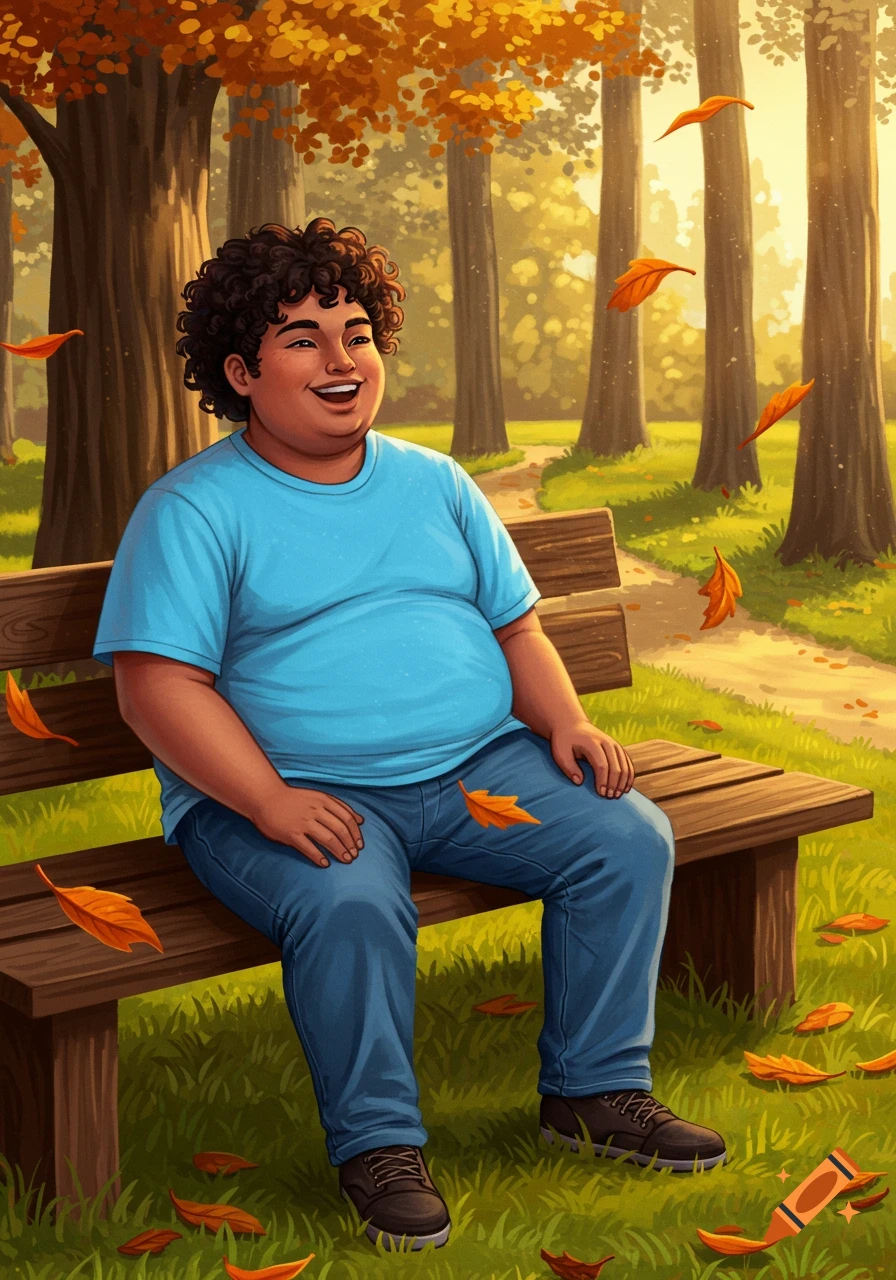 A smiling young chubby man with curly hair sits on a park bench surrounded by autumn leaves, in an illustration style.