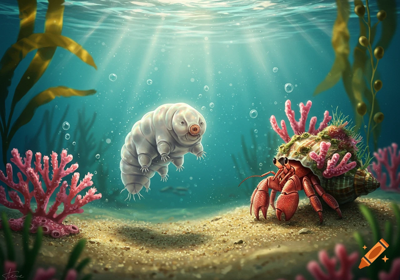 An illustration of a tardigrade floating underwater near a hermit crab on the sandy seafloor, with coral and seaweed, illuminated by sun rays.