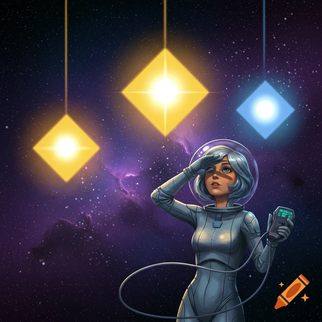 An astronaut in a spacesuit shades her eyes, looking up at three glowing diamond-shaped stars in a purple nebula background.
