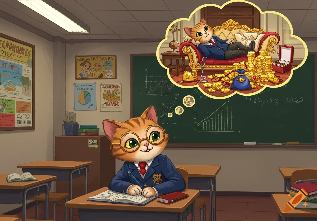 A cartoon cat wearing glasses and a school uniform sits at a desk in an economics classroom, dreaming of being a rich millionaire surrounded by gold and luxuries.