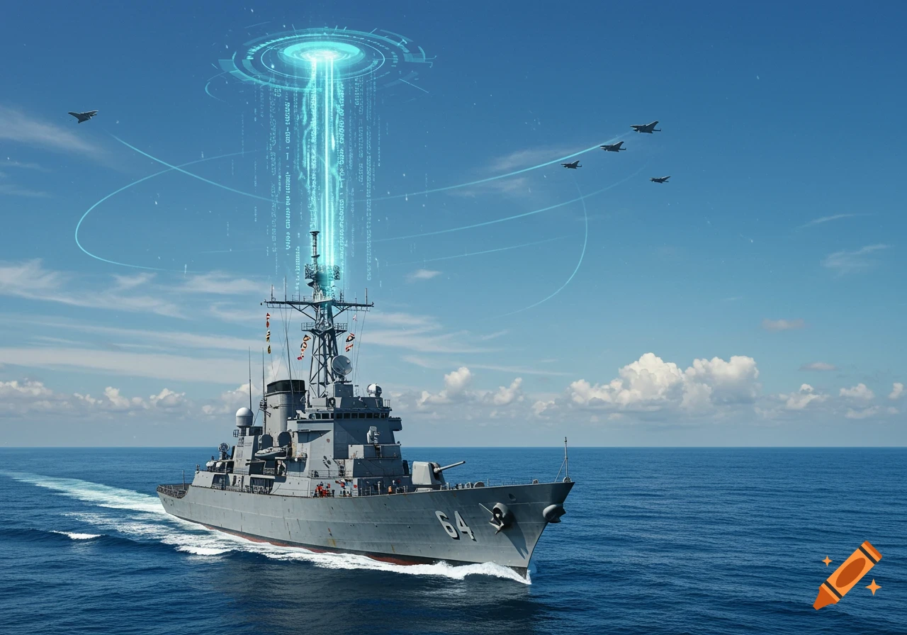 A grey navy ship with the number 64 on its bow sails on blue water under a clear sky. A beam of digital data projects from its mast, and military jets fly overhead.