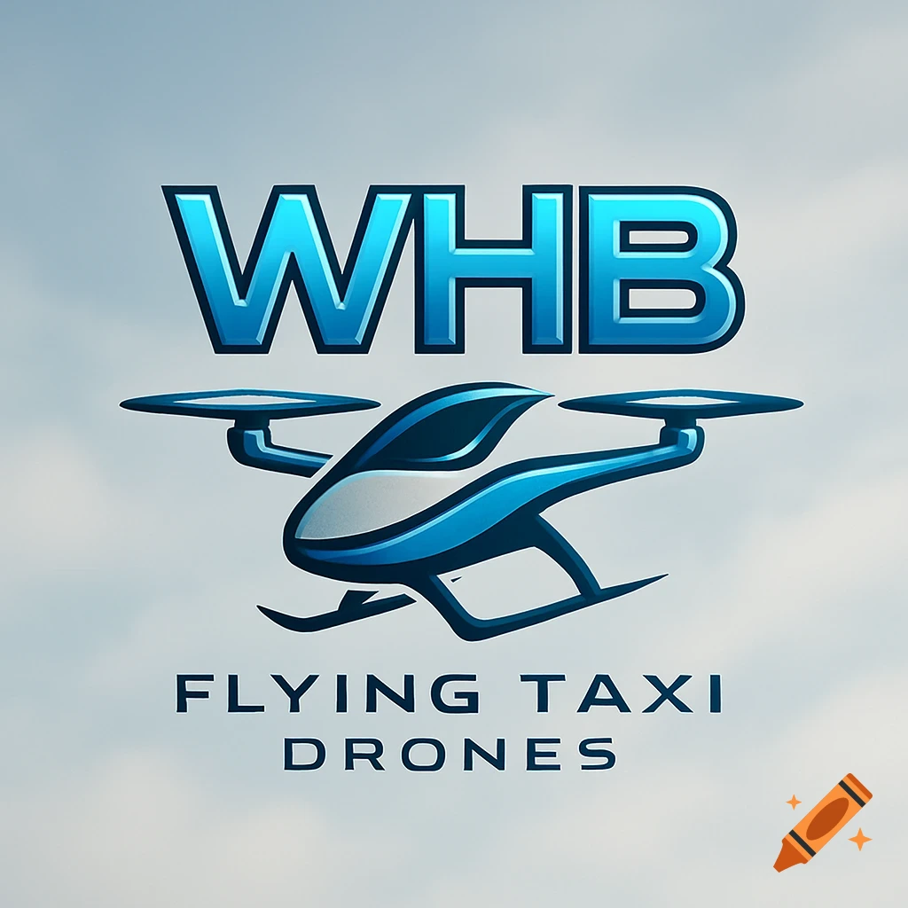 A blue logo with the letters WHB above a stylized drone, with 'FLYING TAXI DRONES' below it, against a light sky.