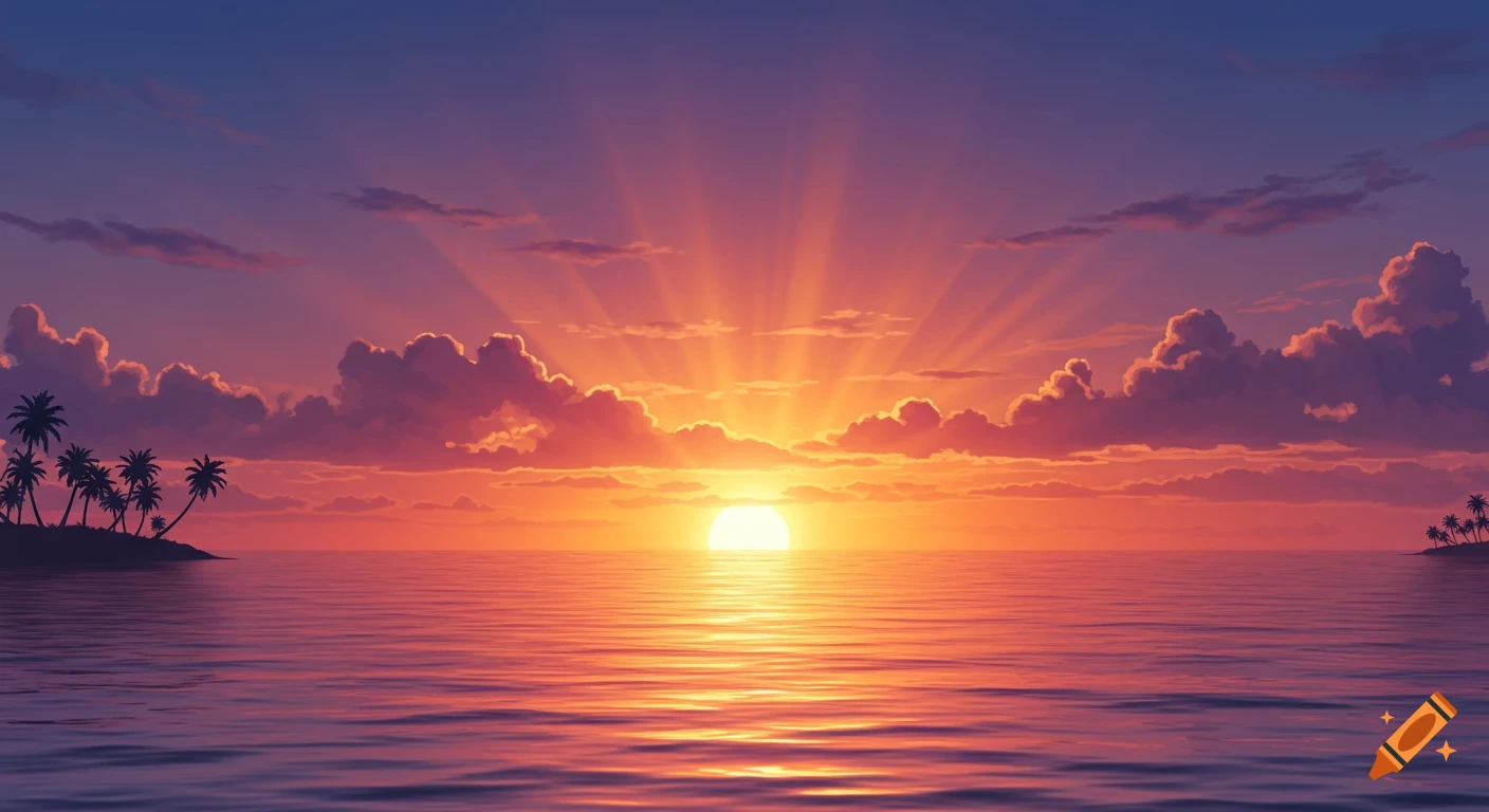 Vibrant sunset over a tranquil ocean with silhouetted palm tree islands, glowing with orange, pink, and purple hues.