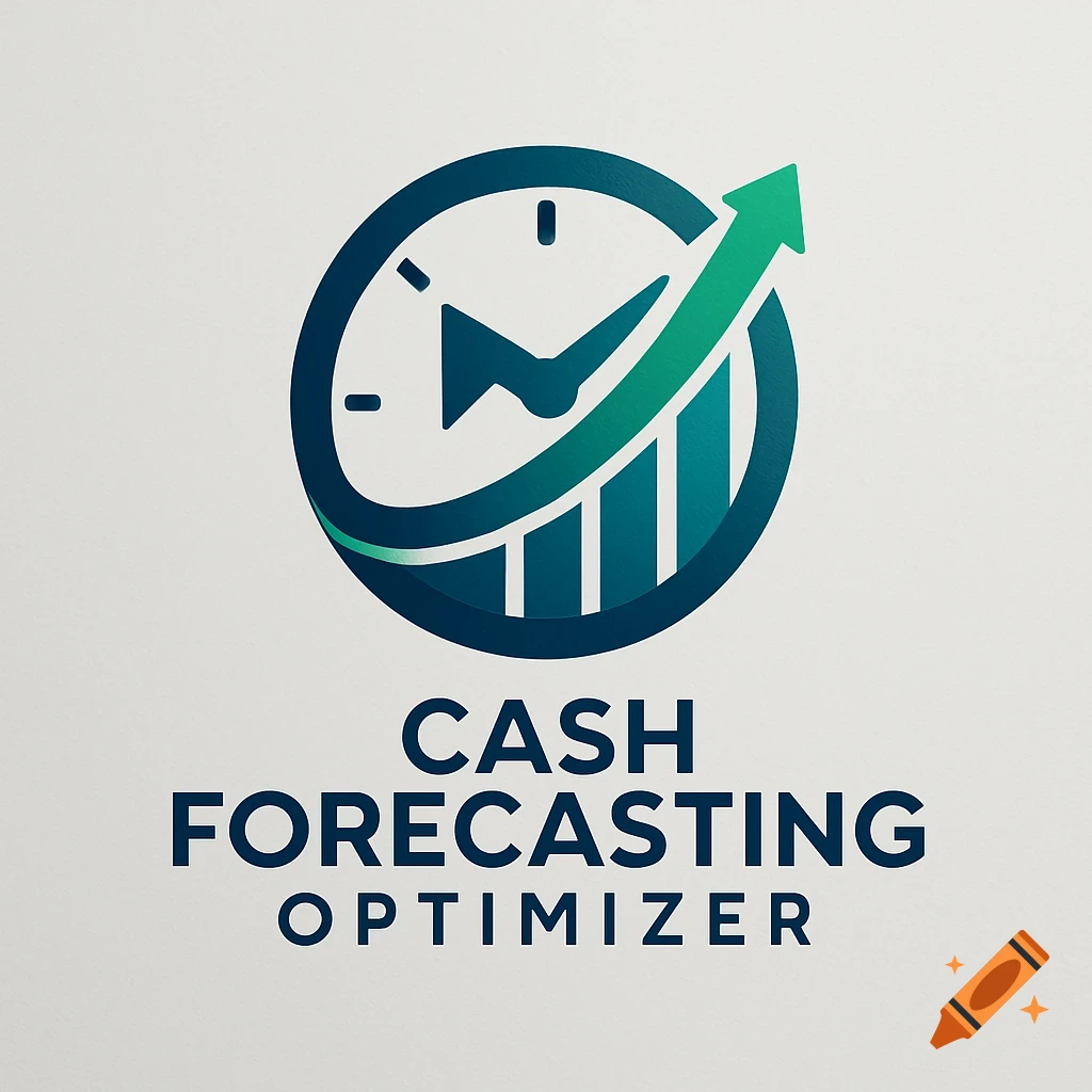 A professional blue and green logo for 'Cash Forecasting Optimizer' with a clock, rising bar graph, and upward arrow.