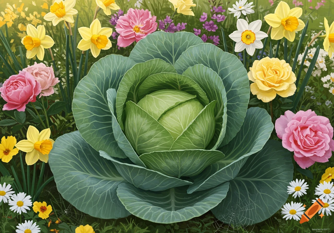 A vibrant illustration of a large green cabbage nestled among pink roses, yellow daffodils, white daisies, and purple wildflowers.