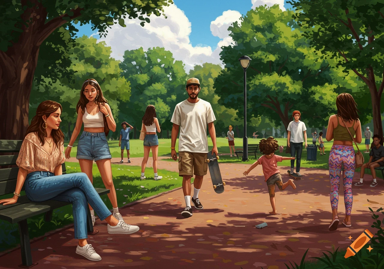 An illustration of diverse people in casual outfits enjoying a sunny day in a park with large green trees.