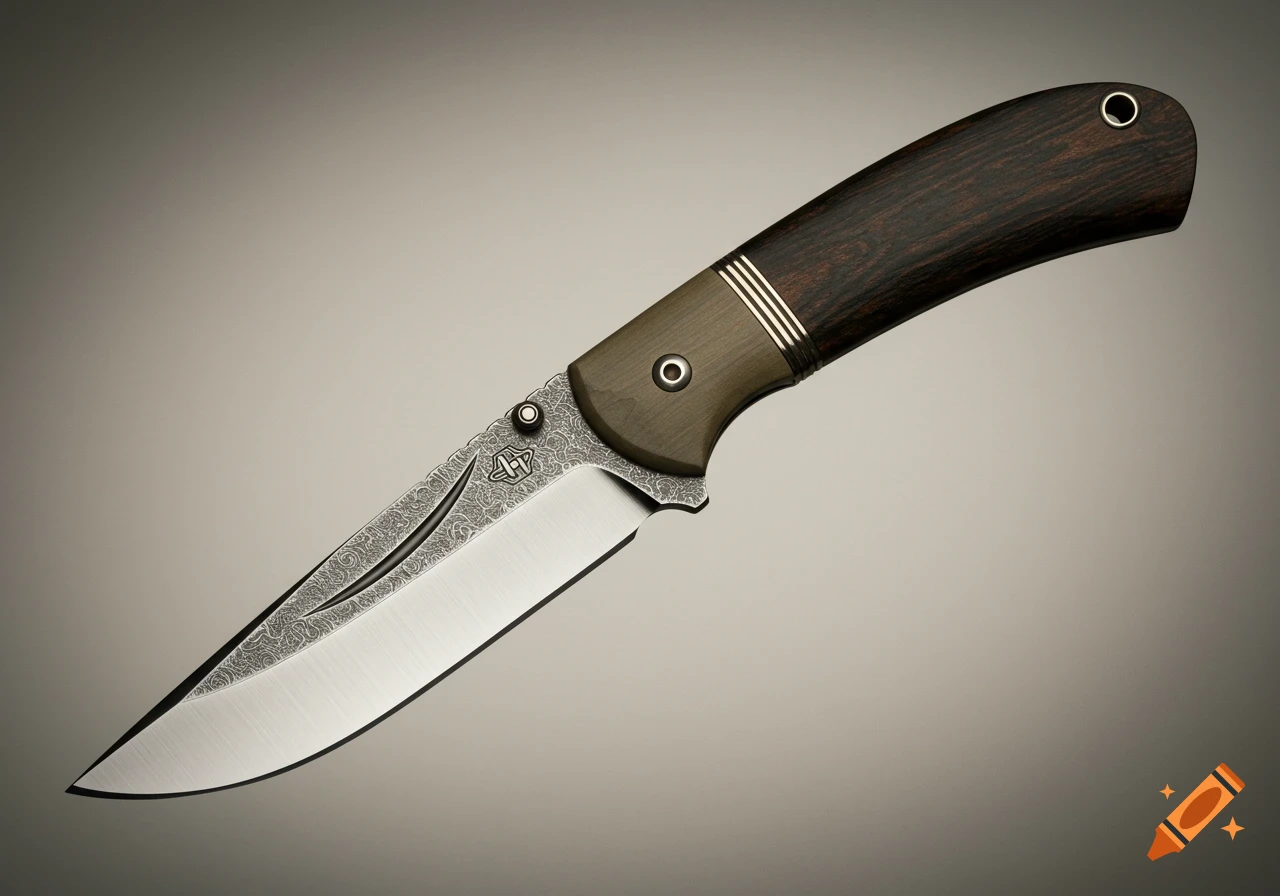 A photorealistic folding knife with a dark wood and olive drab handle, and a polished steel blade featuring intricate etched patterns.
