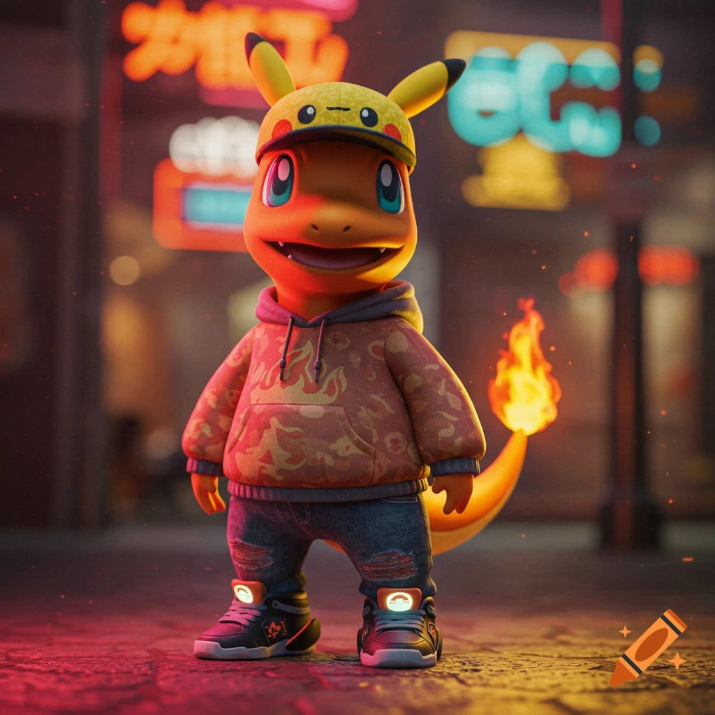 A cool Charmander in a Pikashu cap, a flame-patterned hoodie, ripped jeans, and light-up sneakers stands in a neon-lit city street.