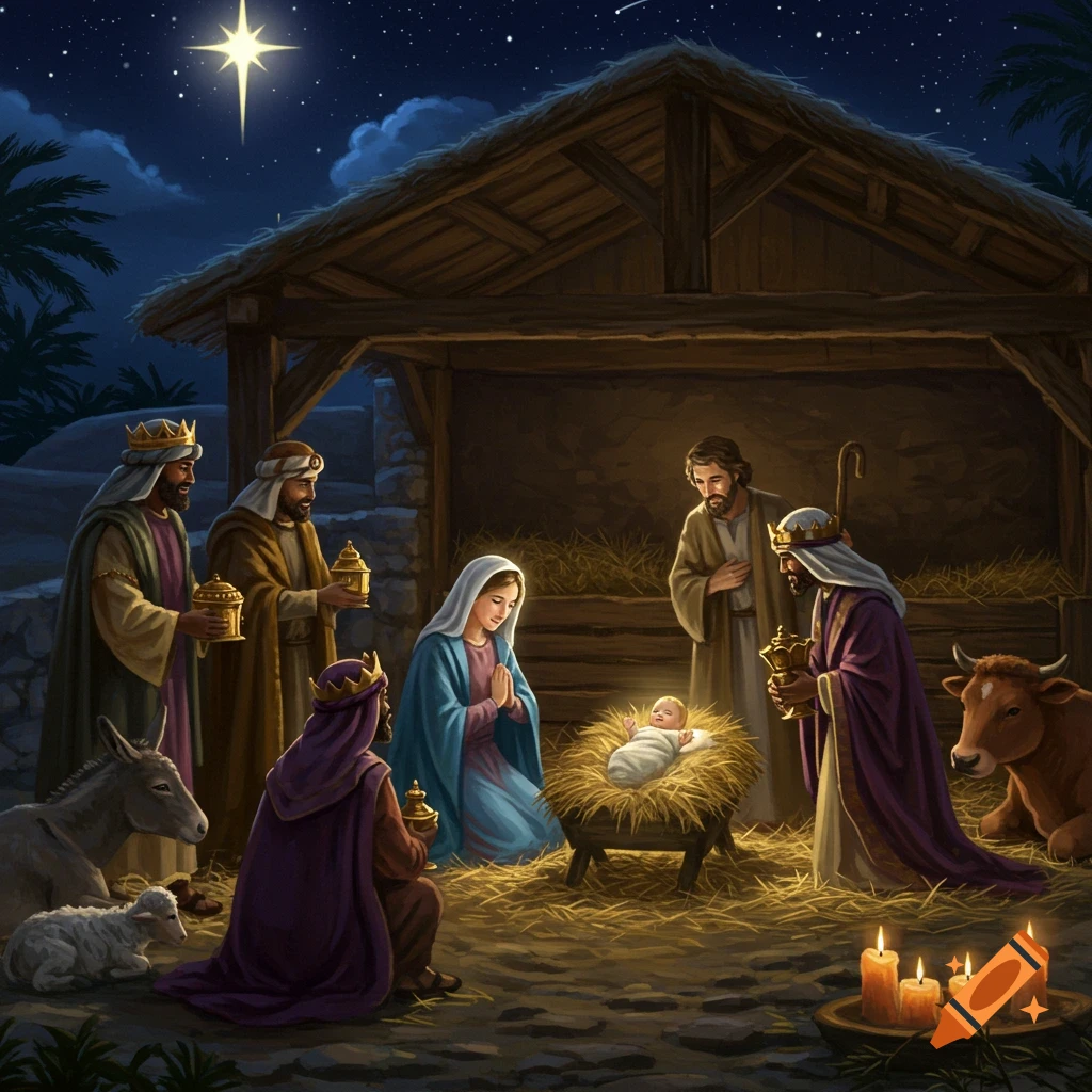 An illustrated Nativity scene with Mary, Joseph, three kings, and animals adoring Baby Jesus in a manger under a bright star.