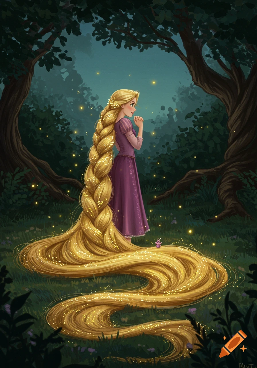 Digital illustration of a Rapunzel-like character with an extremely long braided blonde ponytail in a dark, enchanted forest with glowing fireflies.