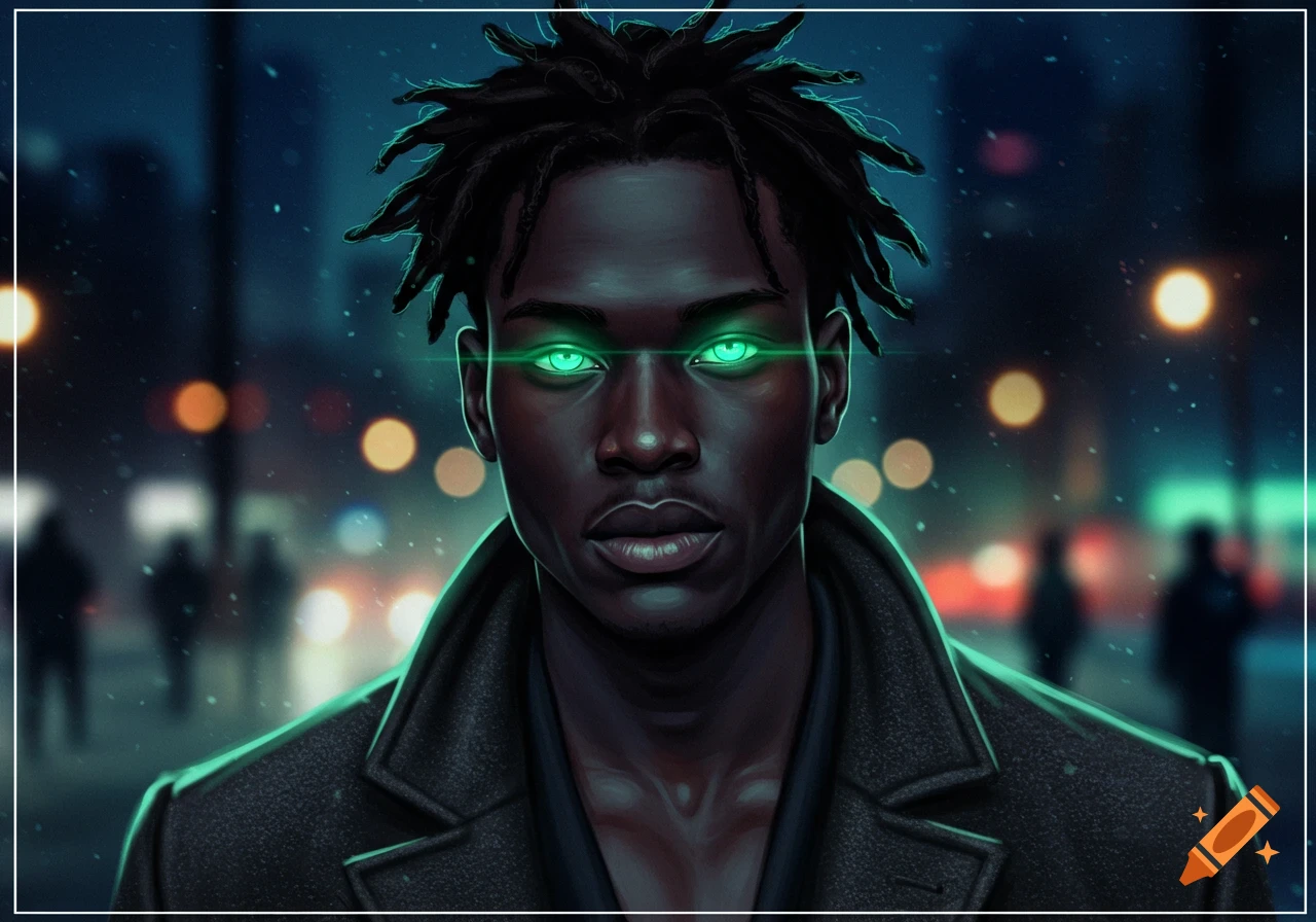 Digital art portrait of a dark-skinned man with dreadlocks and glowing green eyes in a black coat, urban night background.