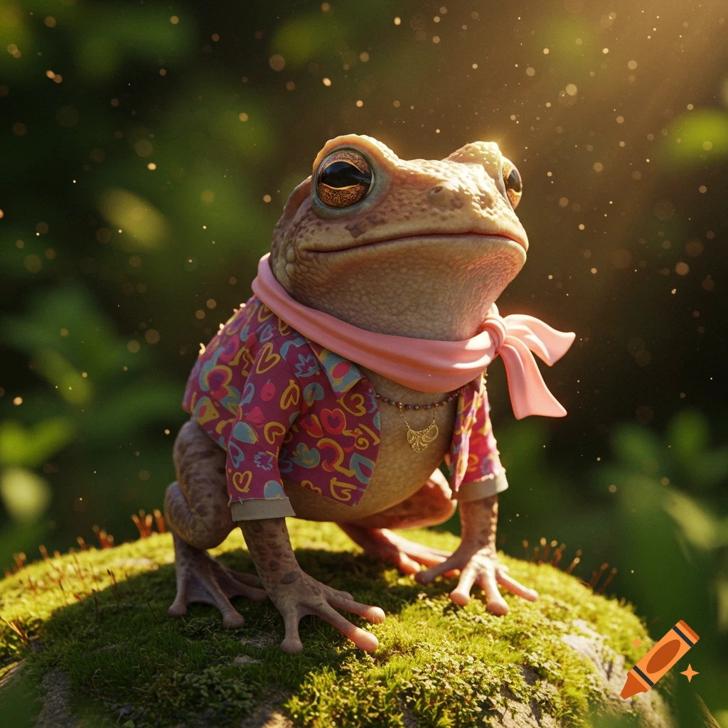 A photorealistic toad wearing a pink scarf and a colorful patterned shirt, sitting on moss in a sunlit forest.