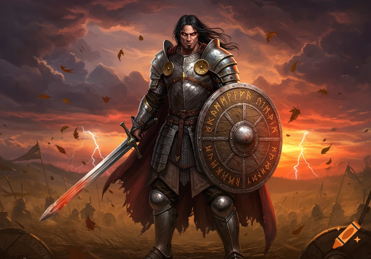 A fantasy warrior in full armor with a sword and shield stands on a battlefield under a dramatic, stormy sky with lightning and falling leaves.
