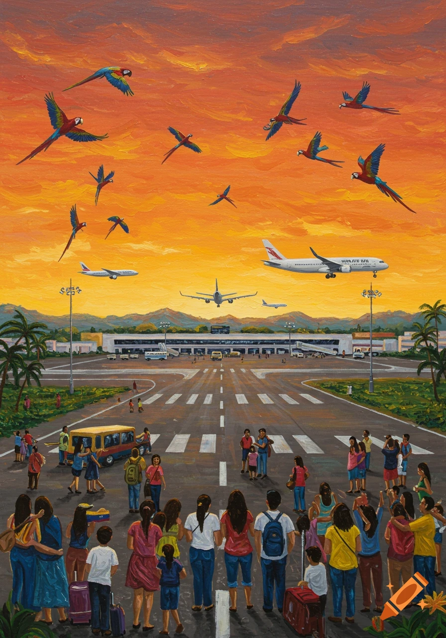 Artistic illustration of a busy tropical airport at sunset, with planes on the tarmac, many people, and colorful macaws flying overhead.