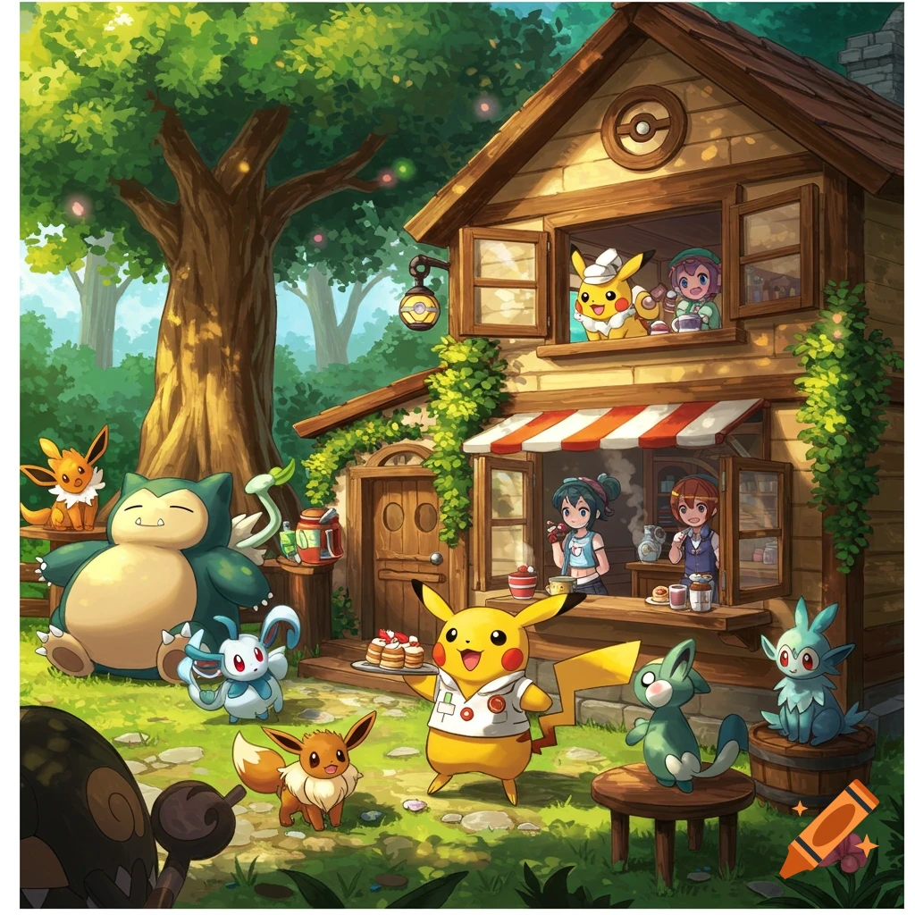 Pikachu serving pancakes at a charming outdoor Pokemon cafe, surrounded by Snorlax, Eevee, Glaceon, and trainers.