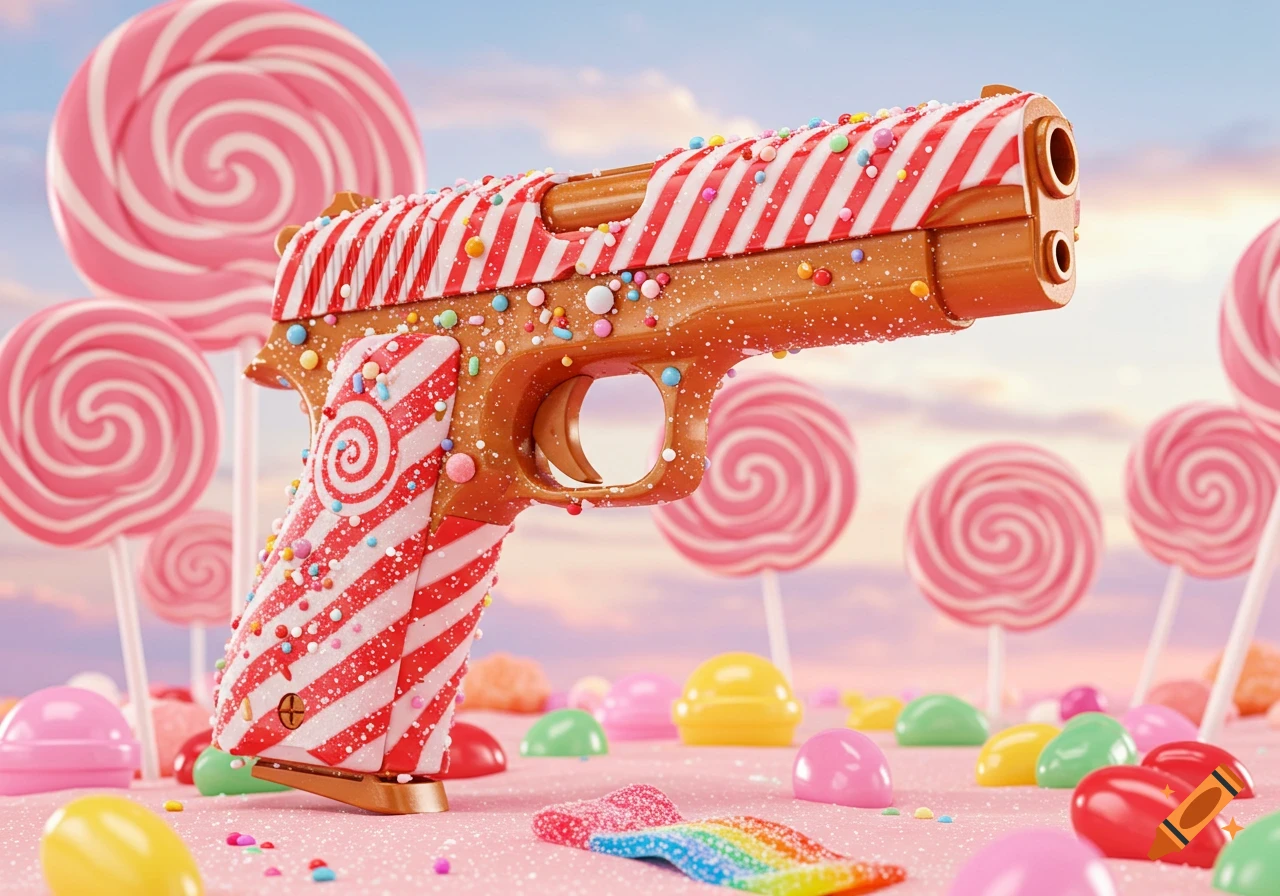 A handgun made of gingerbread and candy canes, covered in sprinkles, in a candy land with lollipops and other sweets.
