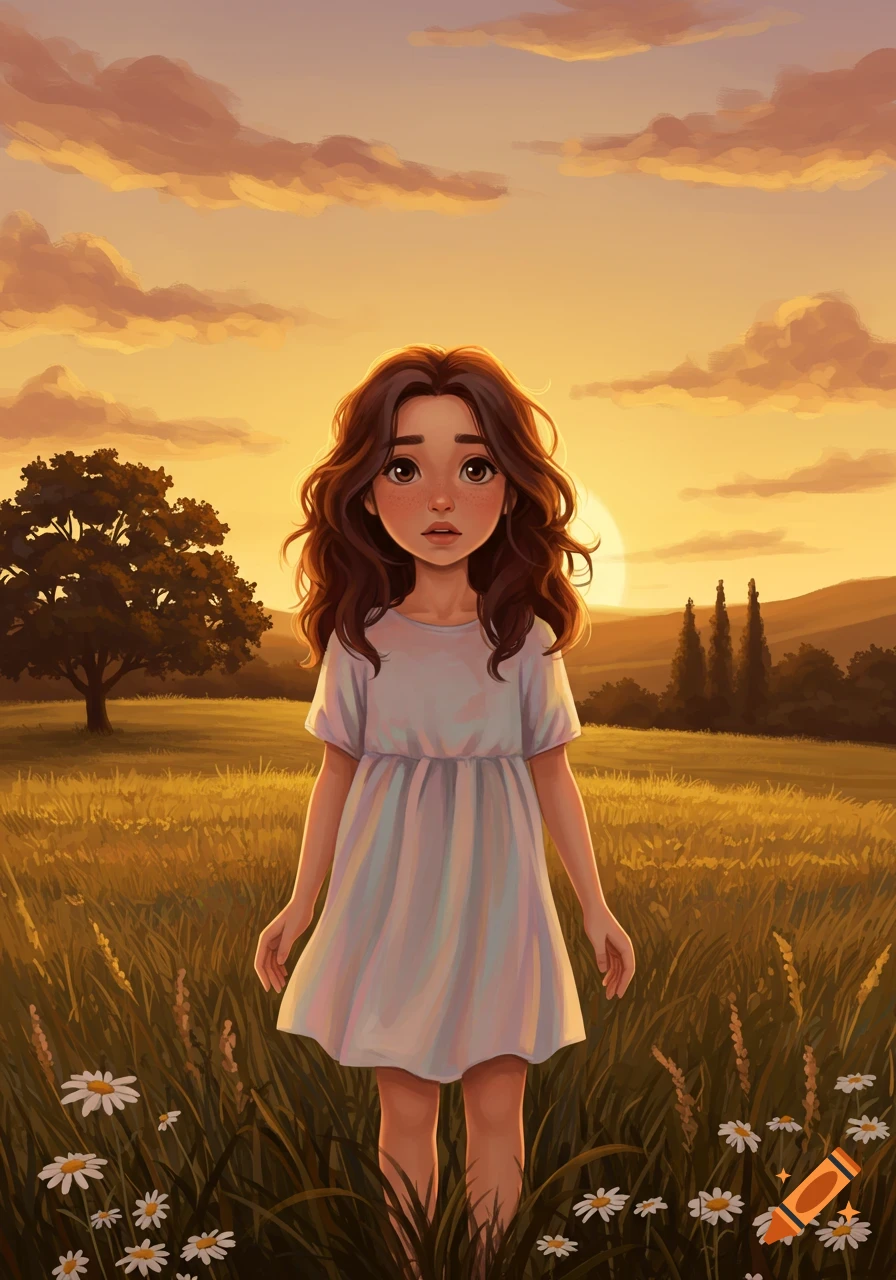 Illustrated young girl with brown hair standing in a field of daisies at sunset.