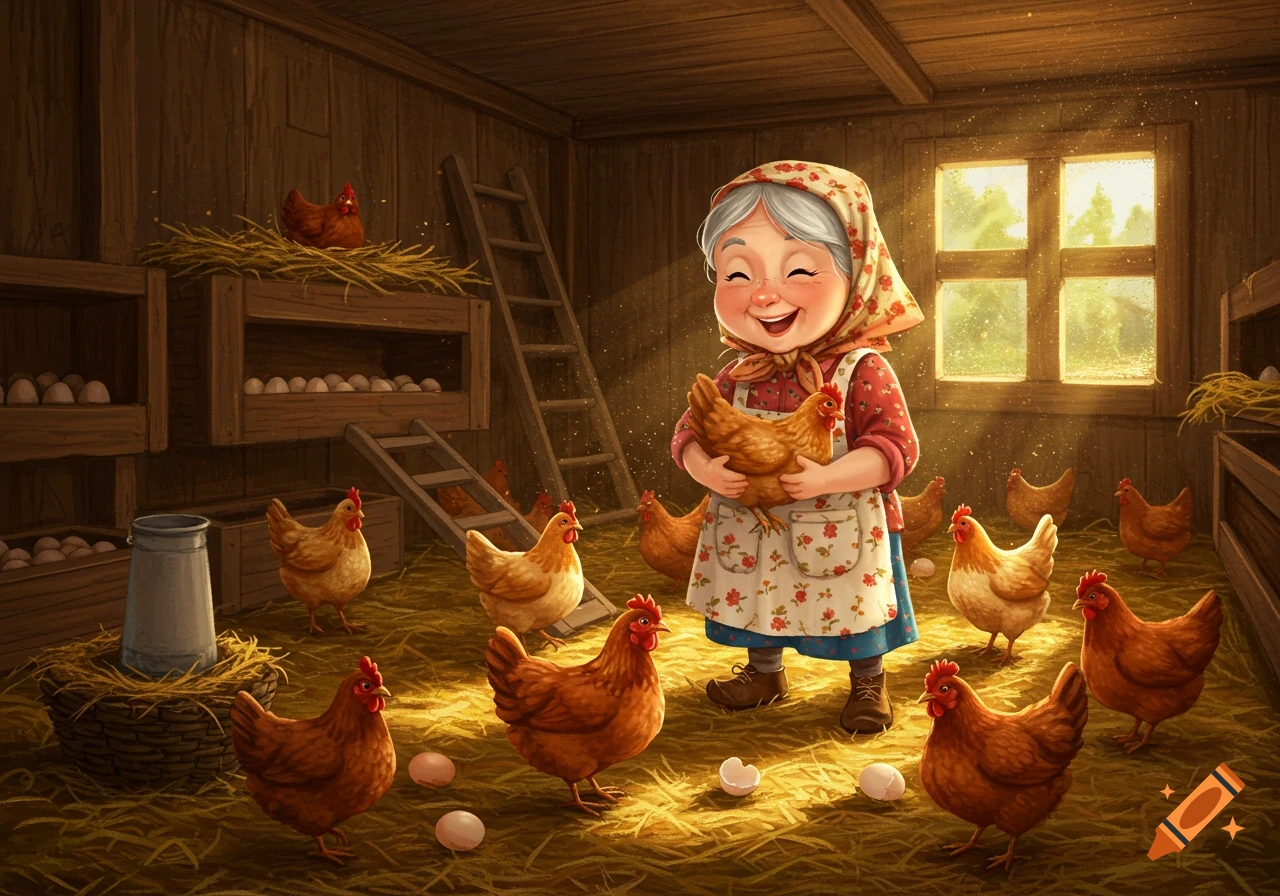 A happy old woman in a floral apron holds a chicken in a sunlit wooden chicken coop filled with straw, eggs, and many brown hens.