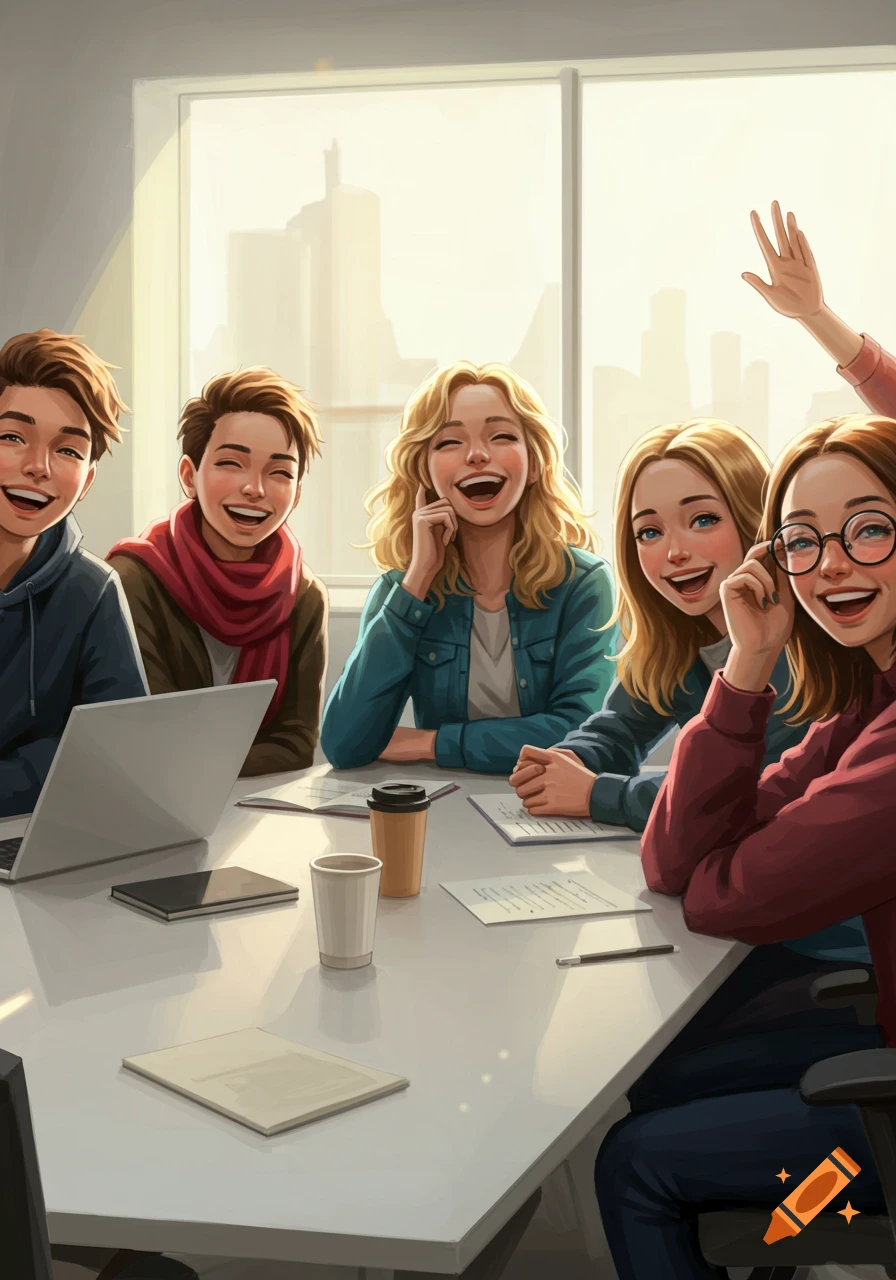 A group of five smiling anime-style teenagers gathered around a bright meeting table with laptops and papers, one with a raised hand.