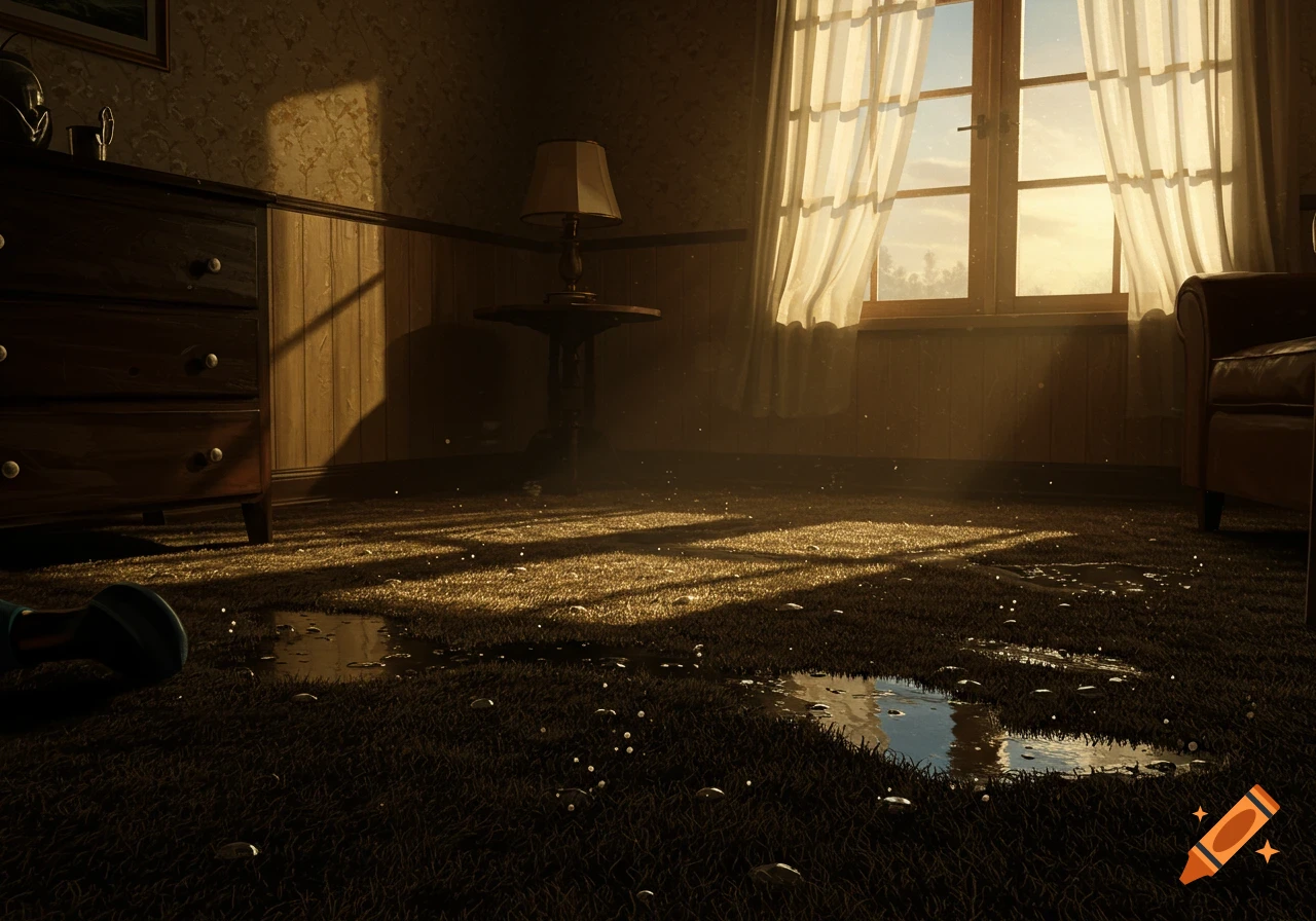 Sunlight streams through a window onto a carpeted floor with several puddles of water in a dimly lit room with furniture.
