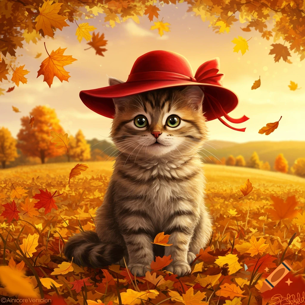 A fluffy tabby kitten with green eyes wears a red hat, sitting in a field of colorful autumn leaves under a golden sky.