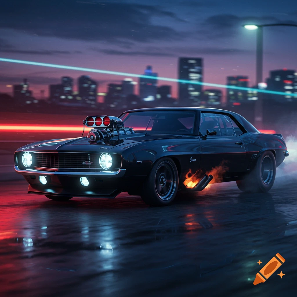 A black 1969 Chevy Camaro with a supercharger exhales flames from its side pipes on a wet city street at night, with a blurred skyline and neon lights in the background.